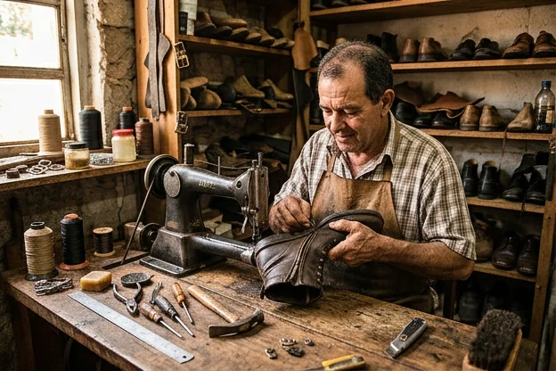 Sapateiro consertando o zíper de uma bota em Ituiutaba, com foco na atividade profissional.