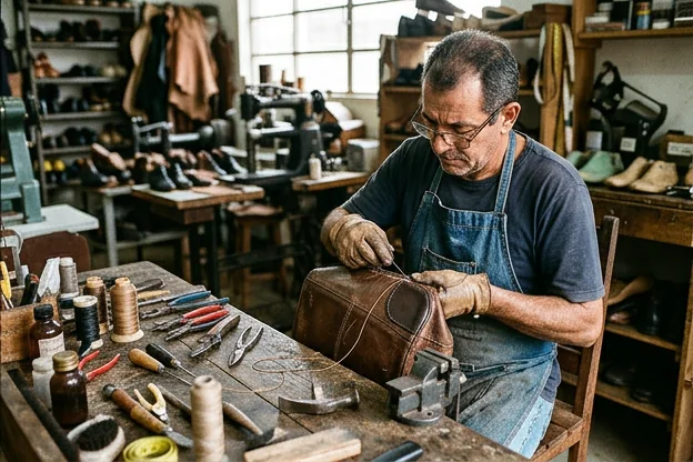 Sapateiro reformando uma bolsa de couro em Ituiutaba, ilustrando habilidades em acessórios.