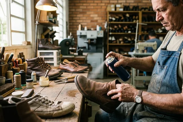 Sapatos sendo impermeabilizados por um sapateiro em Ituiutaba, destacando a prevenção de danos.