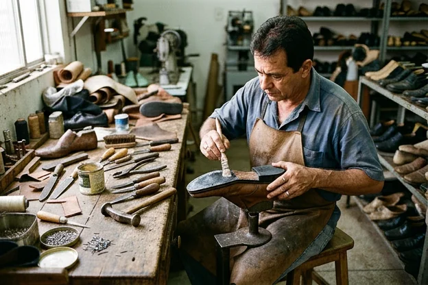 Sapateiro colando a sola de um sapato em Ituiutaba, mostrando o processo de conserto.